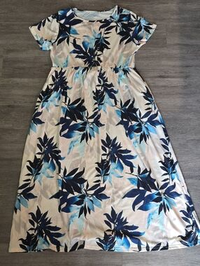 Women's Cream Maxi Dress with Blue Floral Print